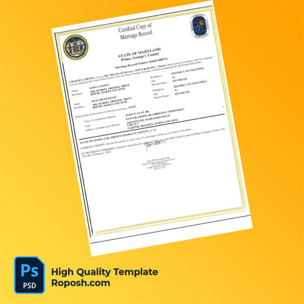 USA Maryland marriage certificate word and pdf template