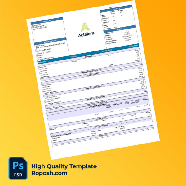 Actalent Inc pay stub word and pdf template