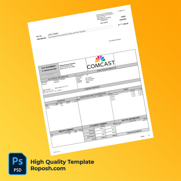 COMCAST earning statement word and pdf template