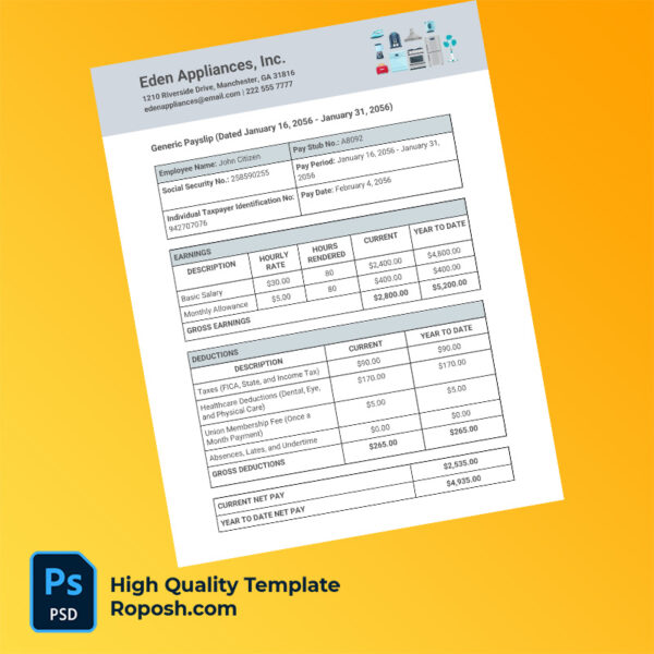 Eden Appliances Inc pay slip word and pdf template