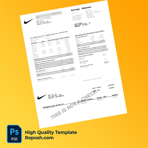NIKE TN Inc pay stub word and pdf template