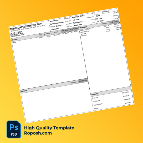 Primary Wave Entertainment earning statement word and pdf template