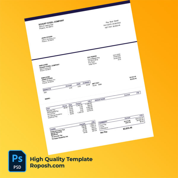 Schuff Steel Company pay stub word and pdf template