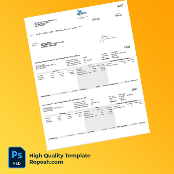 Sierra Contractors Source LLC pay stub word and pdf template