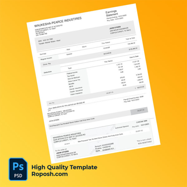 Waukesha Pearce Industries earning statement word and pdf template