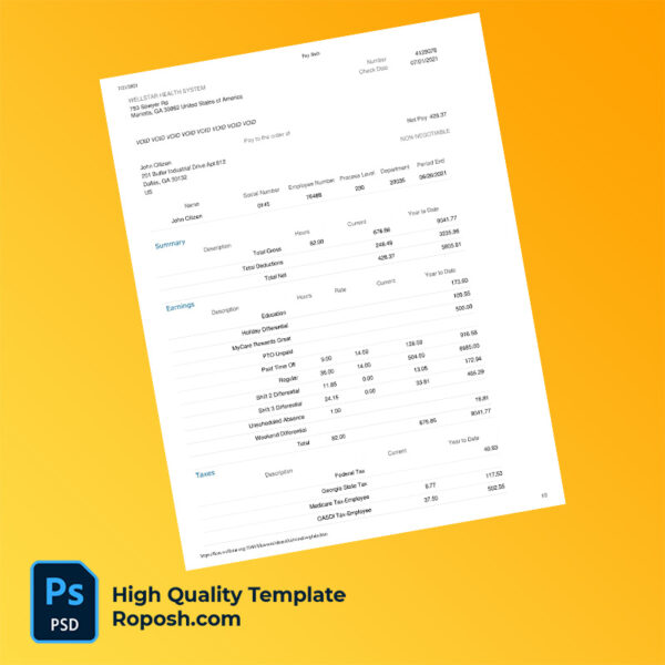 Wellstar Health System pay stub word and pdf template