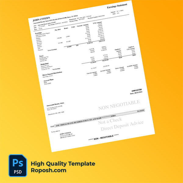 Amaranth Beauty Salon earning statement word and pdf template
