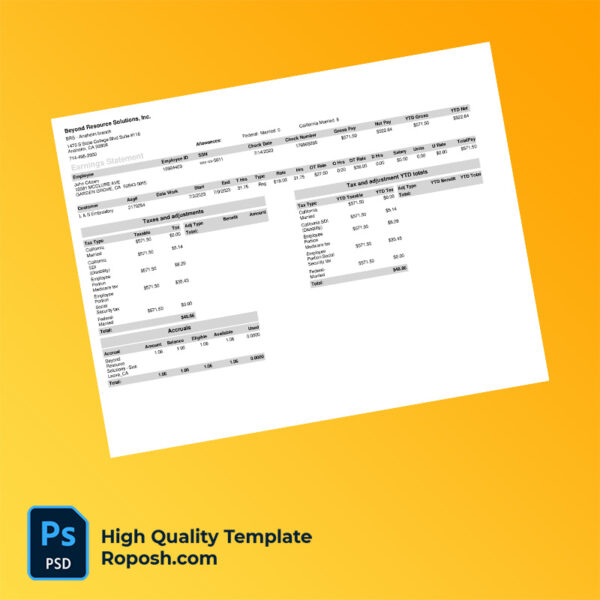 Beyond Resource Solutions Inc earning statement word and pdf templat