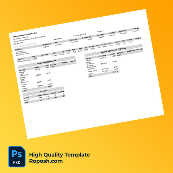 Compensation Solutions Inc earning statement word and pdf template