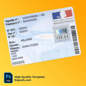 France residency OFII visa stamp template in PSD format, with fonts