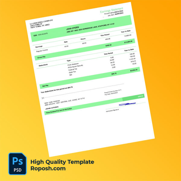 La Gioconda Company earning statement word and pdf template