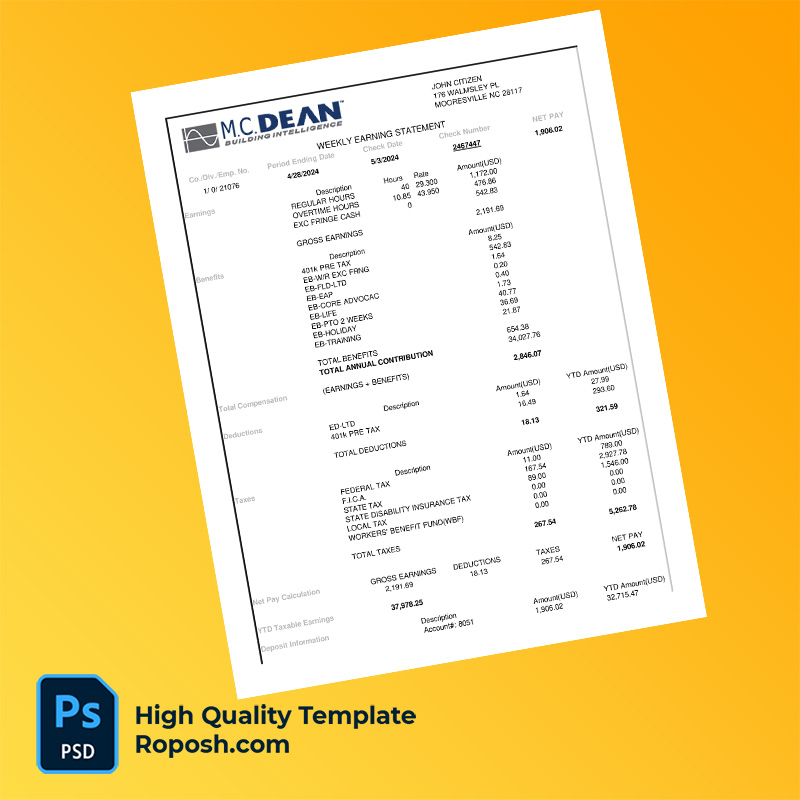 M.C. Dean Building Intelligence earning statement word and pdf template M.C. Dean Building Intelligence earning statement word and pdf template
