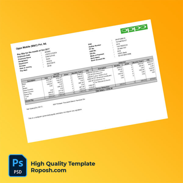 Oppo Mobile (M&C) Pvt ltd payslip word and pdf template