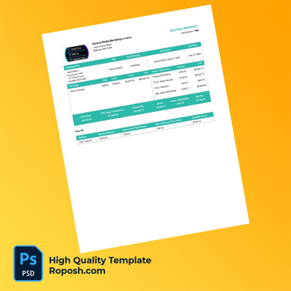 Serious Media Marketing earning statement word and pdf template