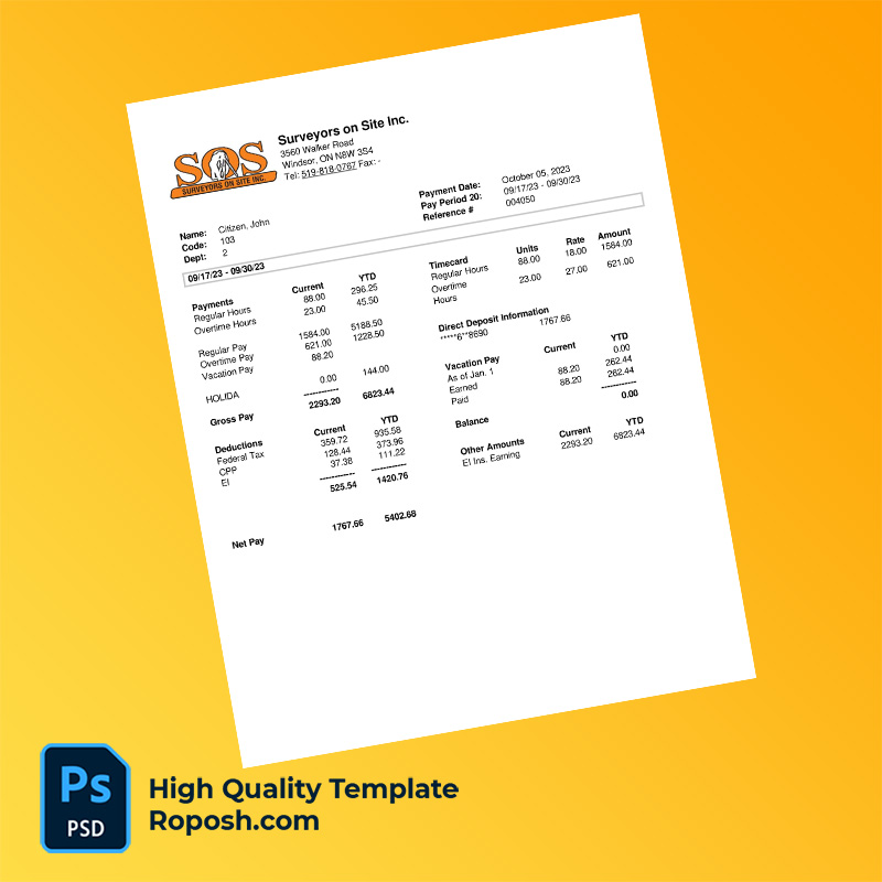 Surveyors on Site Inc pay stub word and pdf template Surveyors on Site Inc pay stub word and pdf template