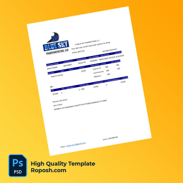 US Blue Sky Transportation LLC earning statement word and pdf template