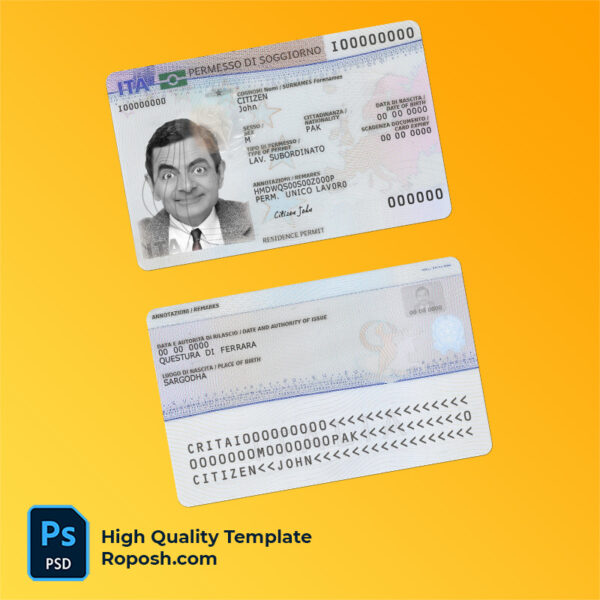 Italy residence permit card template in PSD format, fully editable