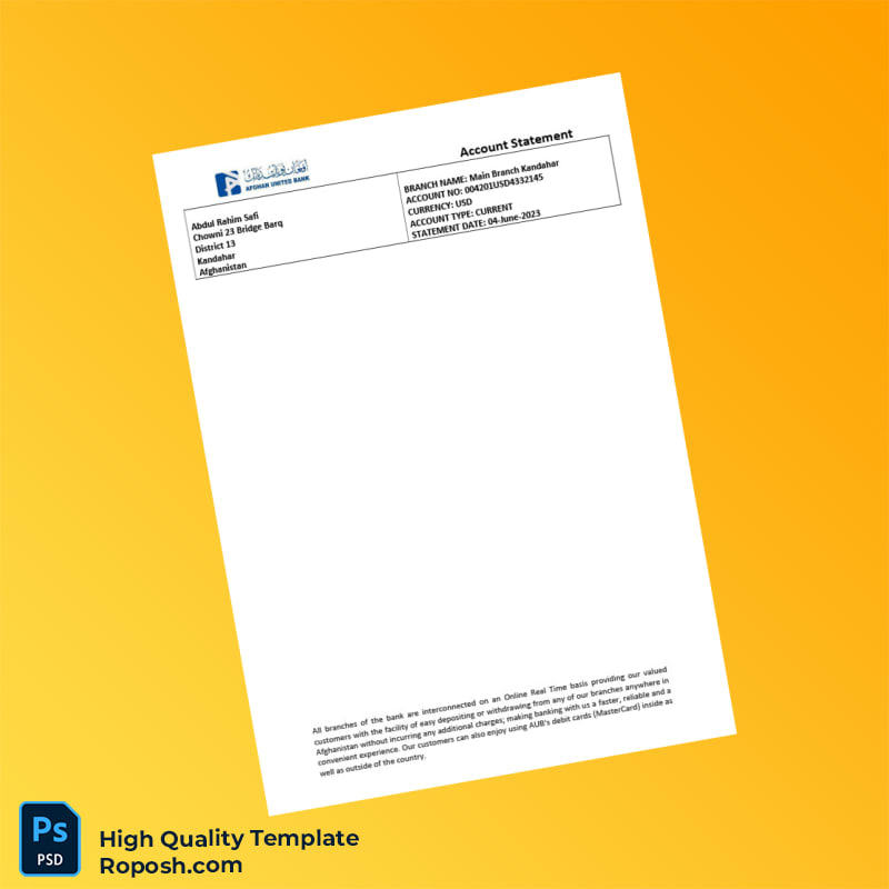 Afghanistan Afghan United Bank Statement Template in Word and PDF formats 2 page Afghanistan Afghan United Bank Statement Template in Word and PDF formats 2 page