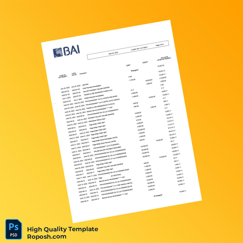 Angola Banco Bai Bank Statement Template in Word and PDF formats 5 page Angola Banco Bai Bank Statement Template in Word and PDF formats 5 page