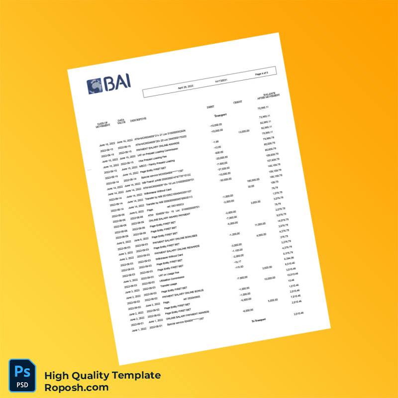 Angola Banco Bai Bank Statement Template in Word and PDF formats 5 page Angola Banco Bai Bank Statement Template in Word and PDF formats 5 page