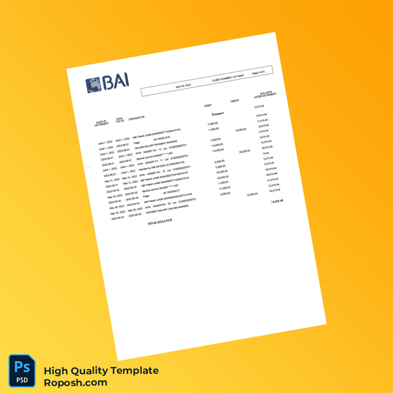 Angola Banco Bai Bank Statement Template in Word and PDF formats 5 page Angola Banco Bai Bank Statement Template in Word and PDF formats 5 page