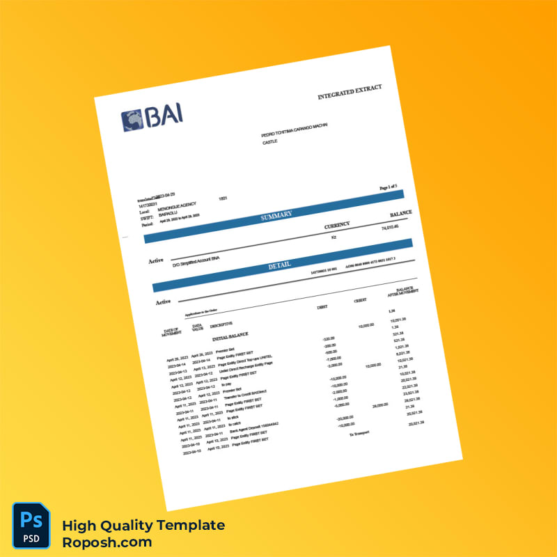 Angola Banco Bai Bank Statement Template in Word and PDF formats 5 page Angola Banco Bai Bank Statement Template in Word and PDF formats 5 page