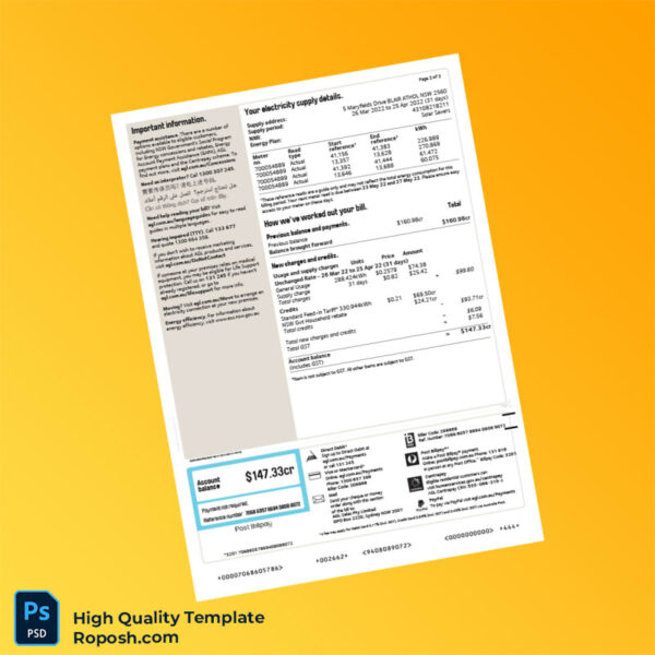 Australia AGL Editable Electricity Bill Template in Word and PDF formats 2 page