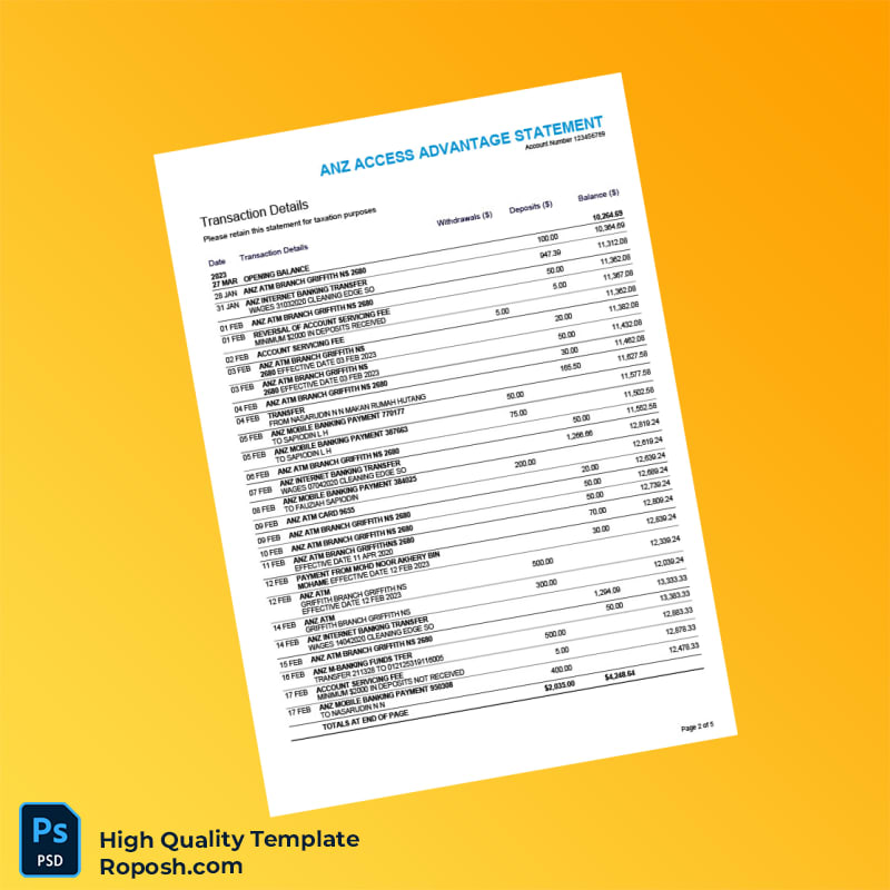 Australia ANZ Bank Statement Template in Word and PDF formats 5 page Australia ANZ Bank Statement Template in Word and PDF formats 5 page