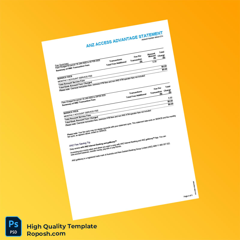 Australia ANZ Bank Statement Template in Word and PDF formats 5 page Australia ANZ Bank Statement Template in Word and PDF formats 5 page