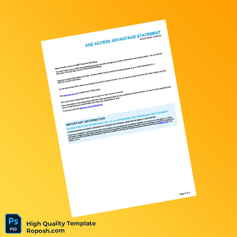 Australia ANZ Bank Statement Template in Word and PDF formats 5 page Australia ANZ Bank Statement Template in Word and PDF formats 5 page