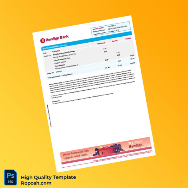 Australia Bendigo Bank Statement Template in Word and PDF formats 2 page
