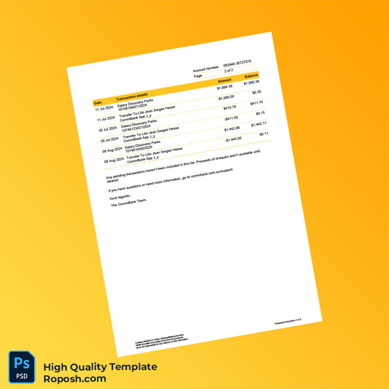 Australia CommBank Bank Statement Template in Word and PDF formats 2 page Australia CommBank Bank Statement Template in Word and PDF formats 2 page