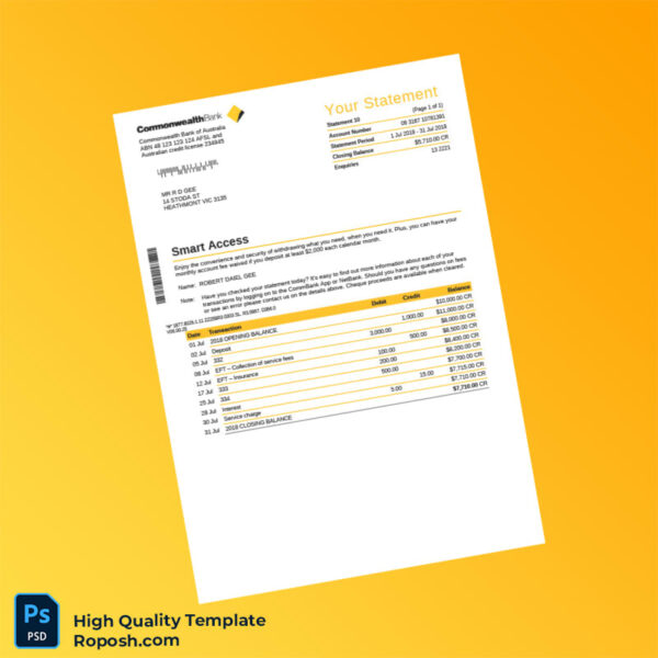 Australia Commonwealth Bank Bank Statement Template in Word and PDF formats