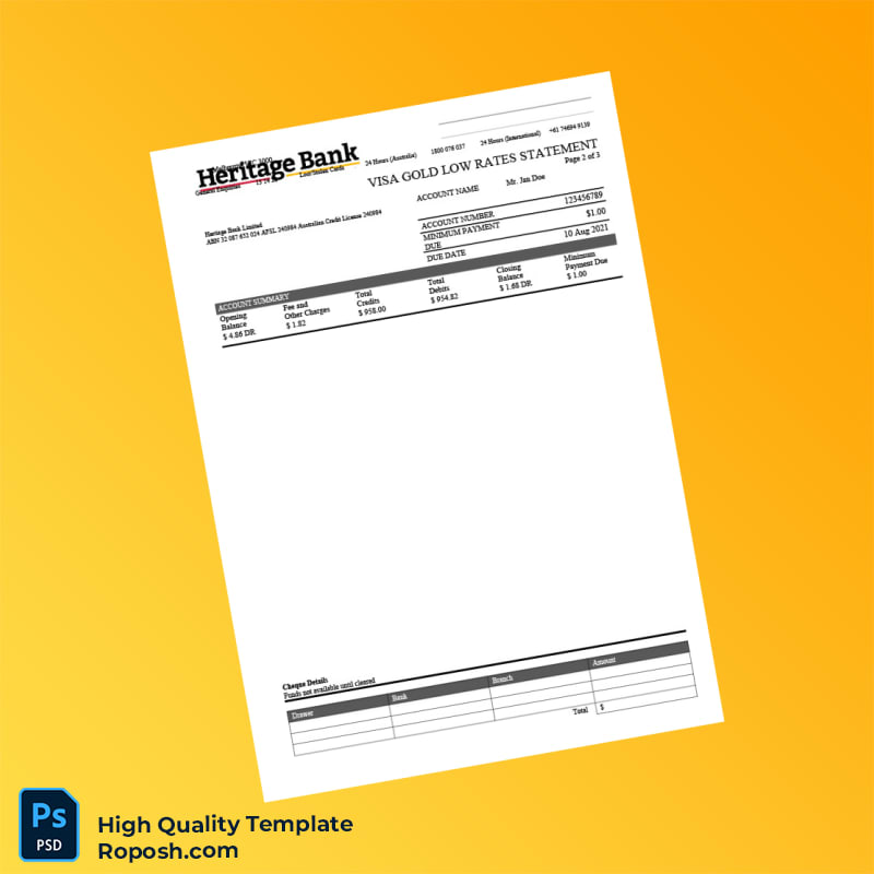 Australia Heritage Bank Credit Card Statement Template in Word and PDF formats 3 page Australia Heritage Bank Credit Card Statement Template in Word and PDF formats 3 page