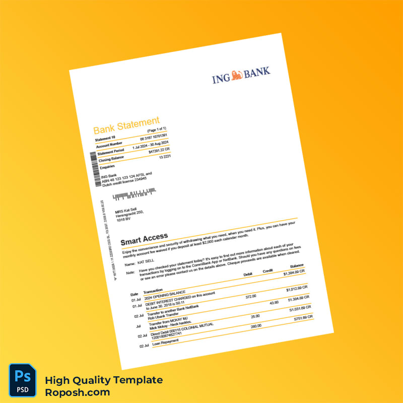 Australia ING Bank Bank Statement Template in Word and PDF formats 2 page Australia ING Bank Bank Statement Template in Word and PDF formats 2 page