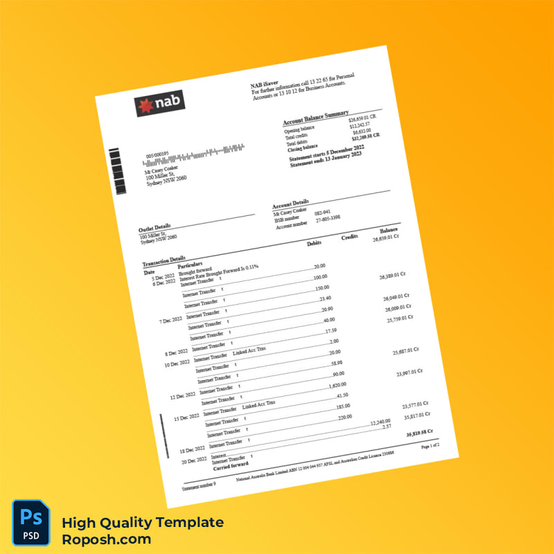 Australia NAB Bank Statement Template in Word and PDF formats 2 page Australia NAB Bank Statement Template in Word and PDF formats 2 page