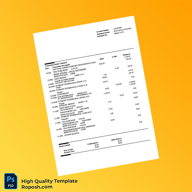 Australia St George Bank Statement Template in Word and PDF formats 5 page Australia St George Bank Statement Template in Word and PDF formats 5 page