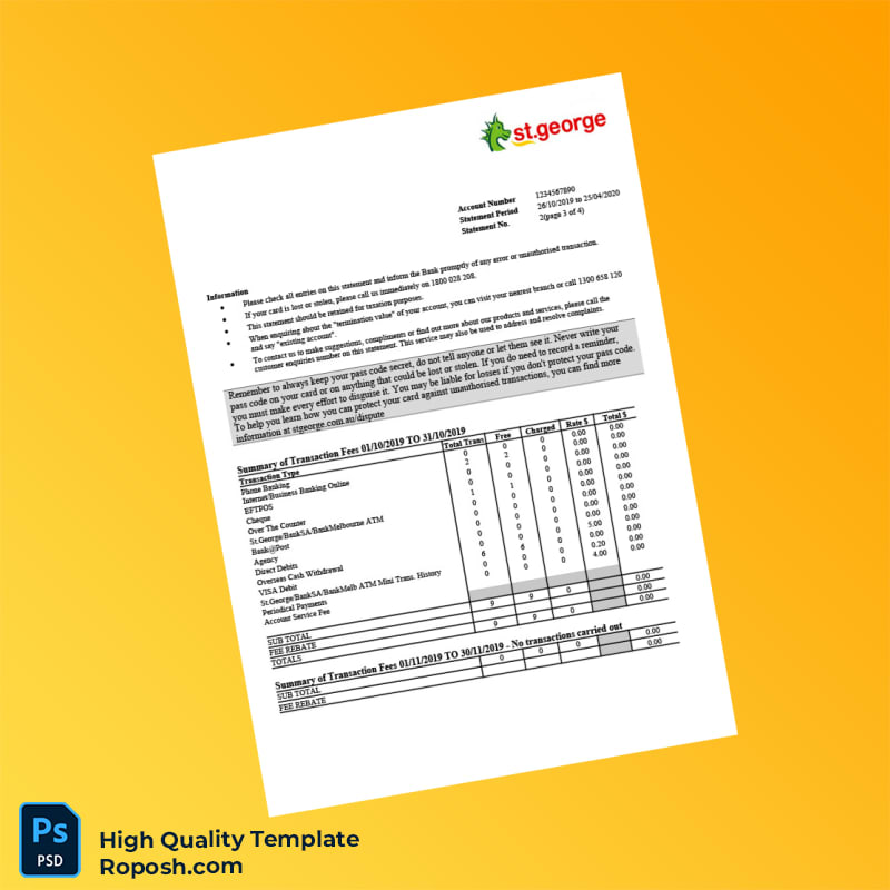 Australia St George Bank Statement Template in Word and PDF formats 5 page Australia St George Bank Statement Template in Word and PDF formats 5 page