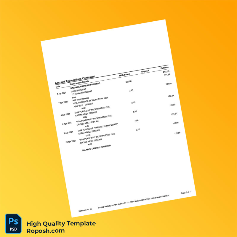 Australia Suncorp Bank Statement Template in Word and PDF formats 7 page Australia Suncorp Bank Statement Template in Word and PDF formats 7 page