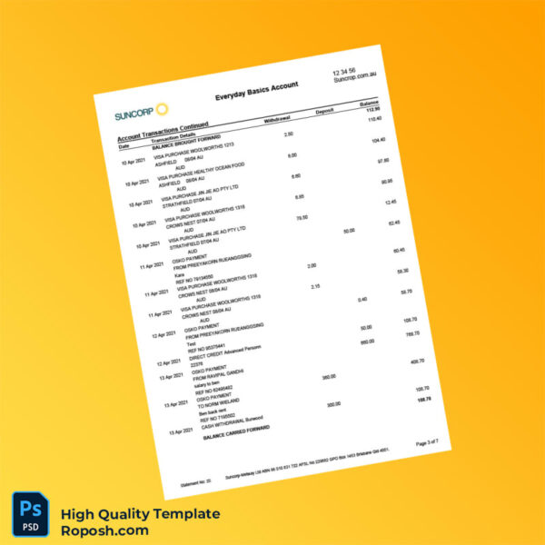 Australia Suncorp Bank Statement Template in Word and PDF formats 7 page