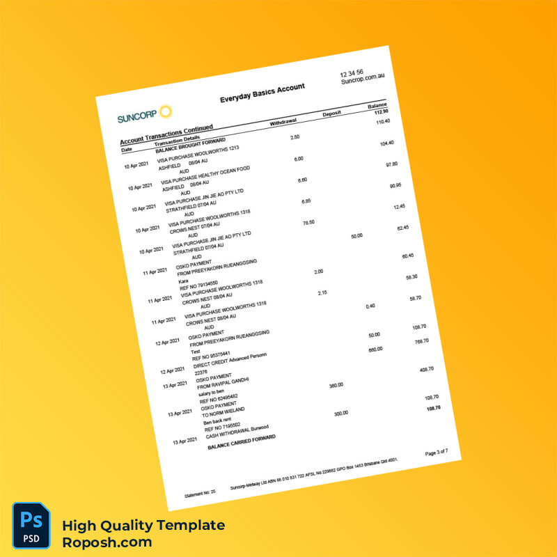Australia Suncorp Bank Statement Template in Word and PDF formats 7 page Australia Suncorp Bank Statement Template in Word and PDF formats 7 page