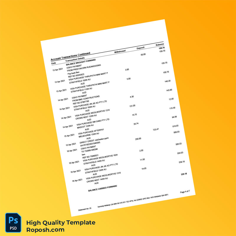 Australia Suncorp Bank Statement Template in Word and PDF formats 7 page Australia Suncorp Bank Statement Template in Word and PDF formats 7 page