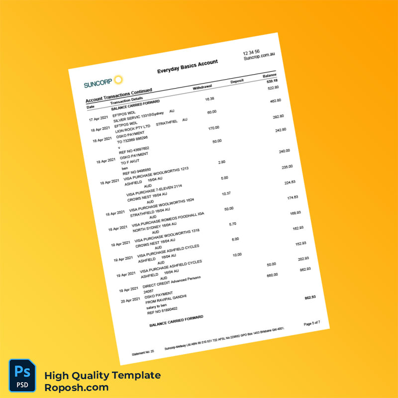 Australia Suncorp Bank Statement Template in Word and PDF formats 7 page Australia Suncorp Bank Statement Template in Word and PDF formats 7 page