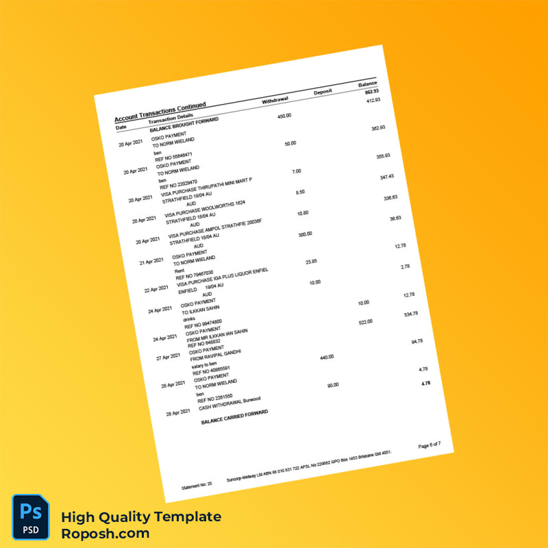 Australia Suncorp Bank Statement Template in Word and PDF formats 7 page Australia Suncorp Bank Statement Template in Word and PDF formats 7 page