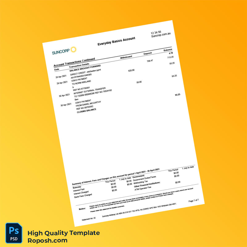 Australia Suncorp Bank Statement Template in Word and PDF formats 7 page Australia Suncorp Bank Statement Template in Word and PDF formats 7 page