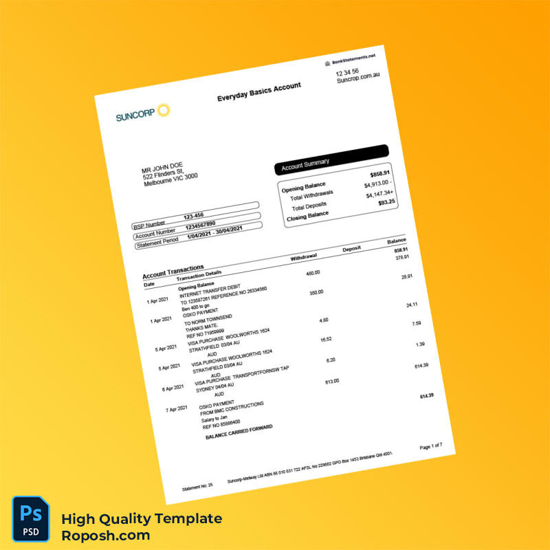 Australia Suncorp Bank Statement Template in Word and PDF formats 7 page Australia Suncorp Bank Statement Template in Word and PDF formats 7 page