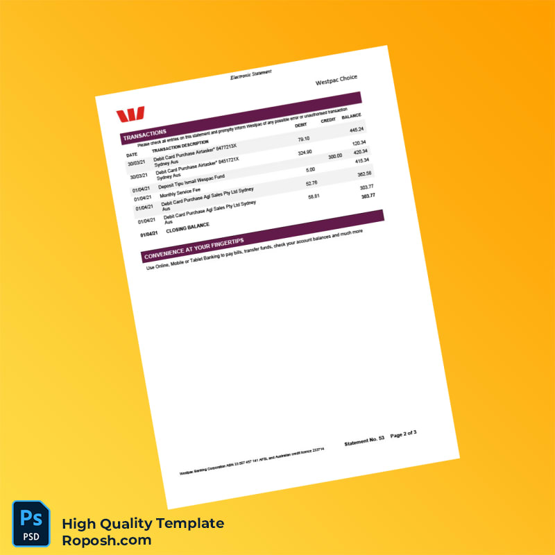 Australia Westpac Bank Statement Template in Word and PDF formats 3 page Australia Westpac Bank Statement Template in Word and PDF formats 3 page