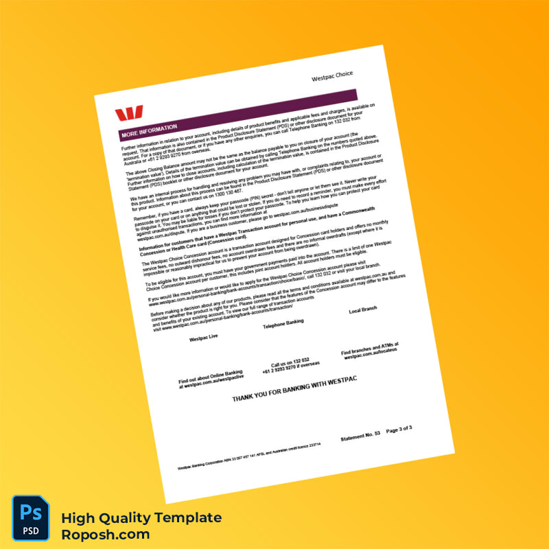 Australia Westpac Bank Statement Template in Word and PDF formats 3 page Australia Westpac Bank Statement Template in Word and PDF formats 3 page