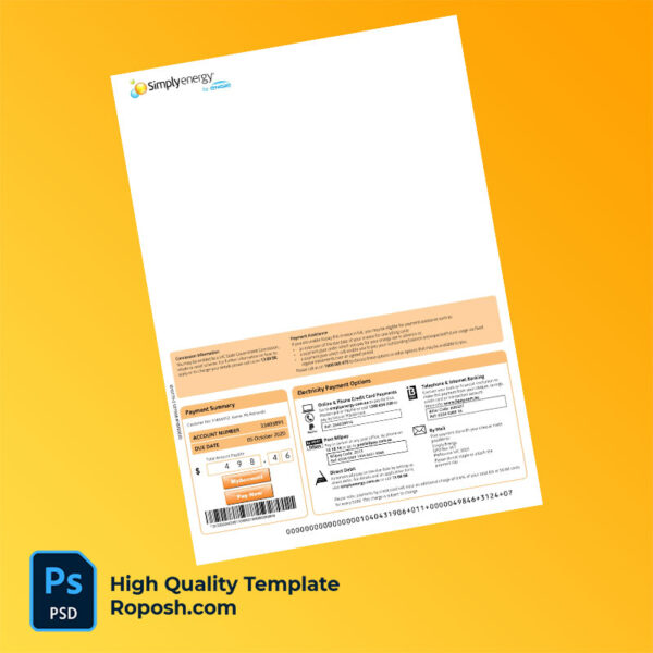 Australia Victoria Simply Energy Editable Electricity Bill Template in Word and PDF formats