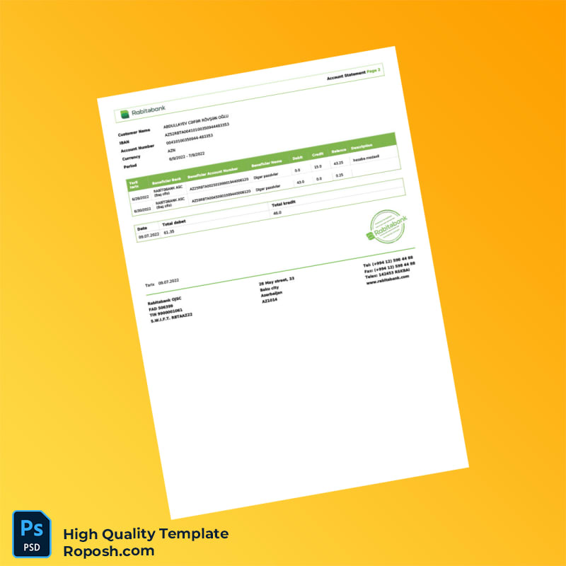 Azerbaijan Rabitabank Account Statement Template in Word and PDF formats 2 page Azerbaijan Rabitabank Account Statement Template in Word and PDF formats 2 page